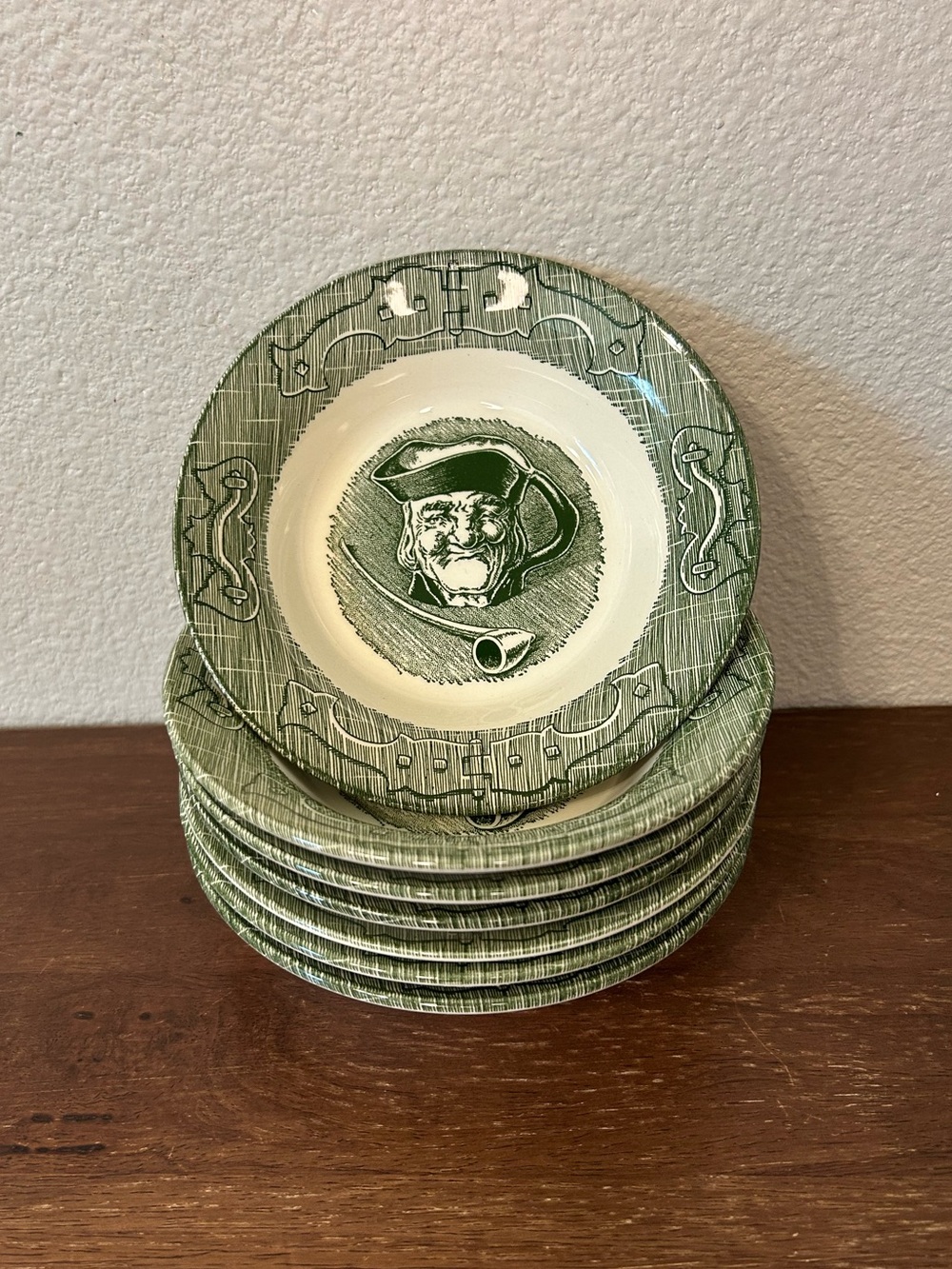 Set of 7 - Vintage Old China - “The Old Curiosity Shop” Green Pattern Bowls